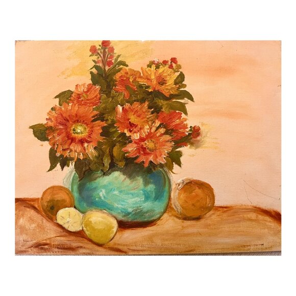 Vintage Unsigned Painting - Flowers in Vase - Acrylic on Canvas Board - 14x18" - Picture 1 of 6